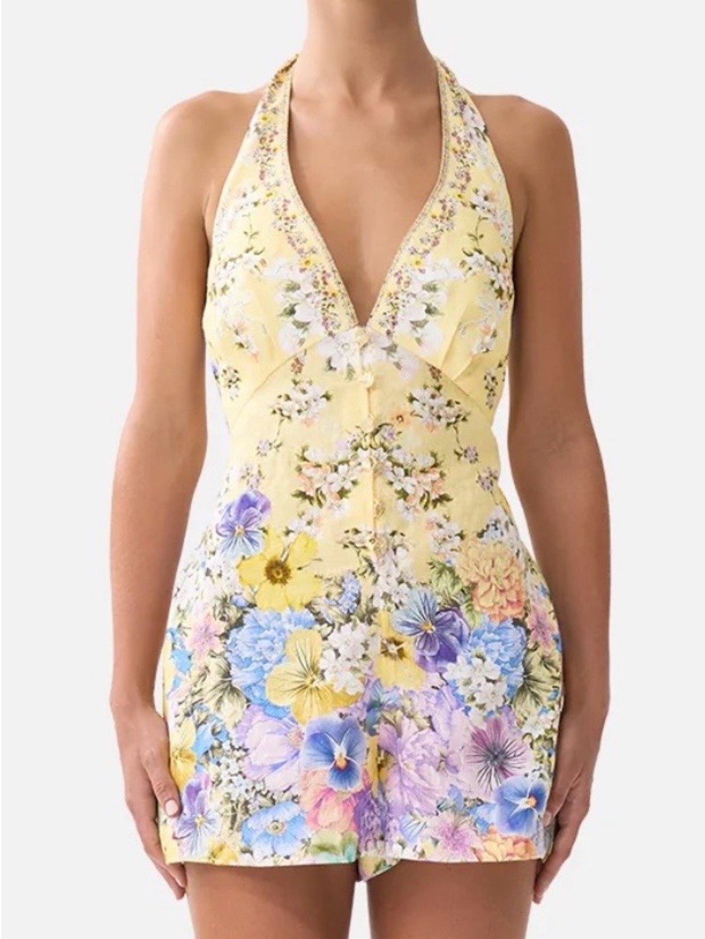 Camilla Designer Darling Buds Halter Romper Yellow and Floral 100% Linen Size XS